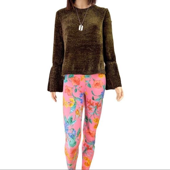 NEW Pink Floral Elastic Waisted Soft Brushed Leggings Pants by Shylo - Picture 2 of 5